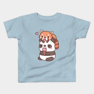 Cute Red Panda And Panda Eating Ice Cream For Summer Kids T-Shirt